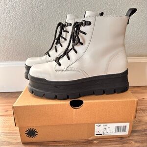 Ugg Sidnee White Leather Lugg Lace Up Platform Water Resistant Boot Size 7